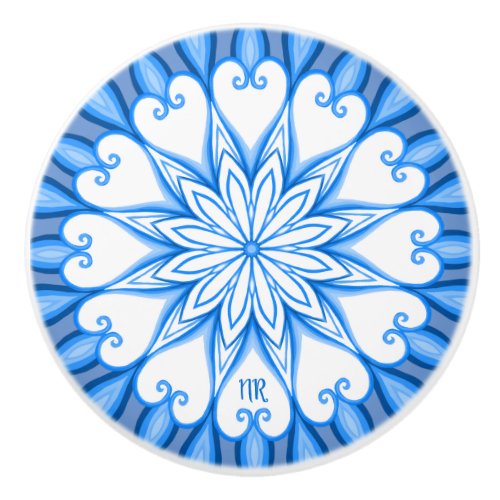 Elegant Aesthetic White  Blue Mandala Monogrammed Ceramic Knob