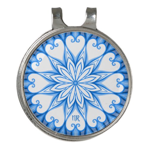 Elegant Aesthetic White  Blue Mandala Monogrammed Golf Hat Clip