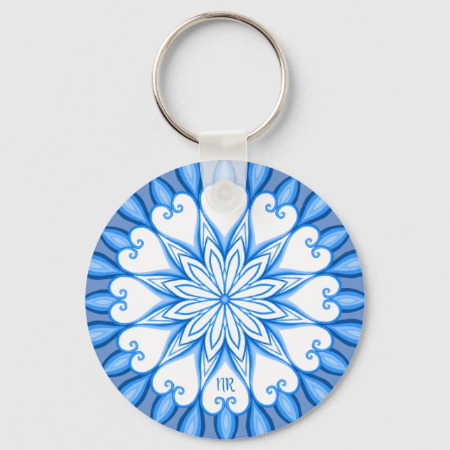 Elegant Aesthetic White & Blue Mandala Monogrammed Keychain (Front)