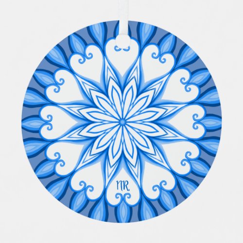 Elegant Aesthetic White  Blue Mandala Monogrammed Metal Ornament