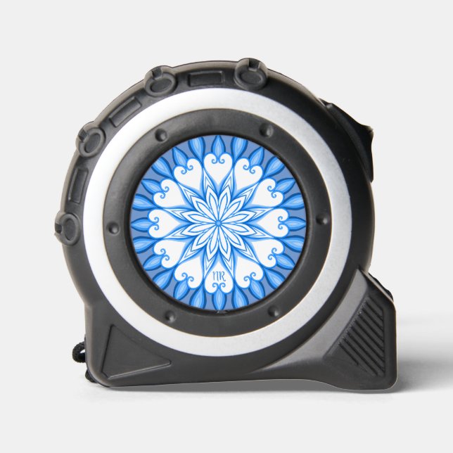 Elegant Aesthetic White & Blue Mandala Monogrammed Tape Measure (Front)