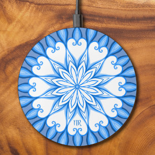Elegant Aesthetic White & Blue Mandala Monogrammed Wireless Charger