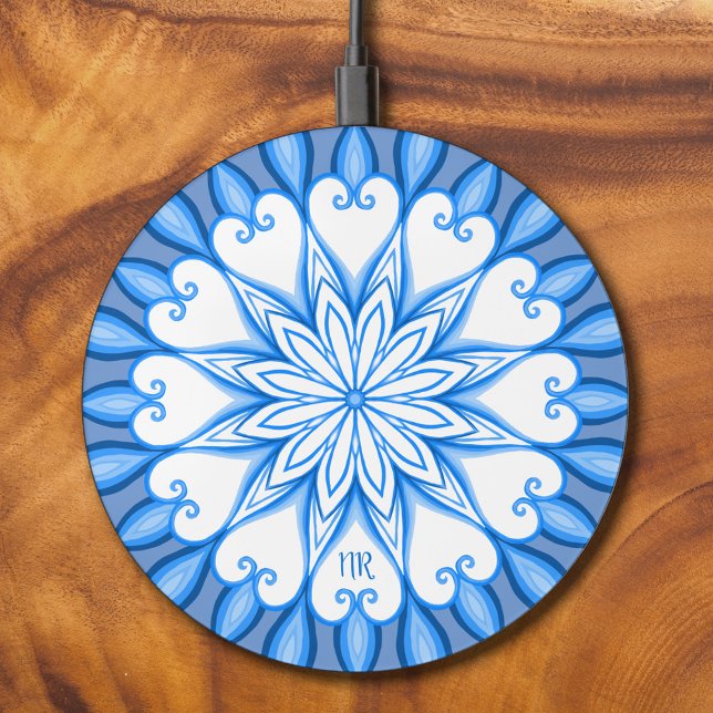 Elegant Aesthetic White & Blue Mandala Monogrammed Wireless Charger (Creator Uploaded)