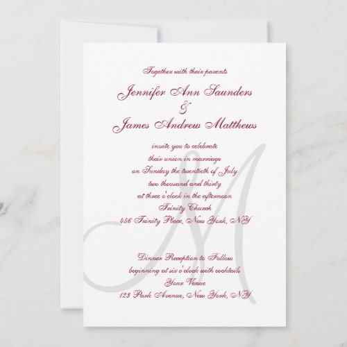 Elegant Affair Burgundy Grey Monogrammed Wedding Invitation