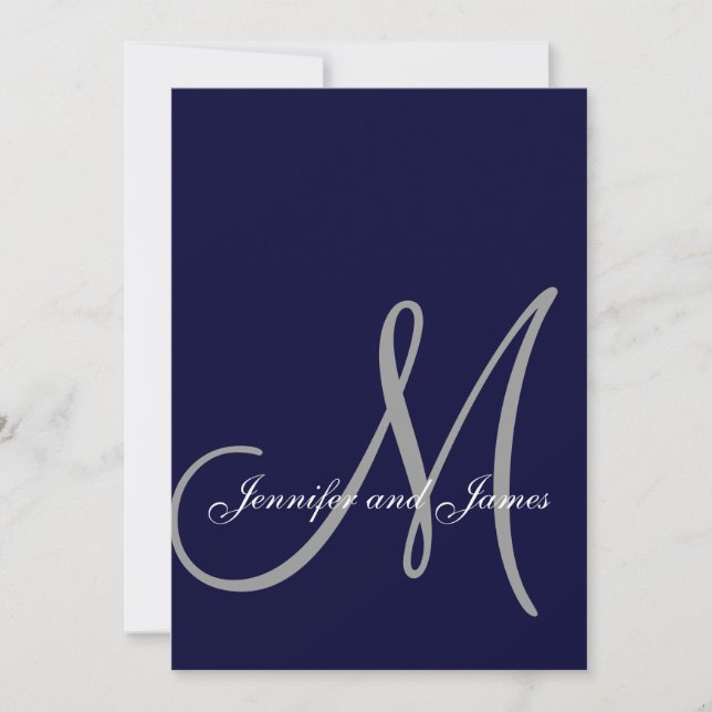 Elegant Affair Navy Blue Grey Initial Wedding Invitation (Front)