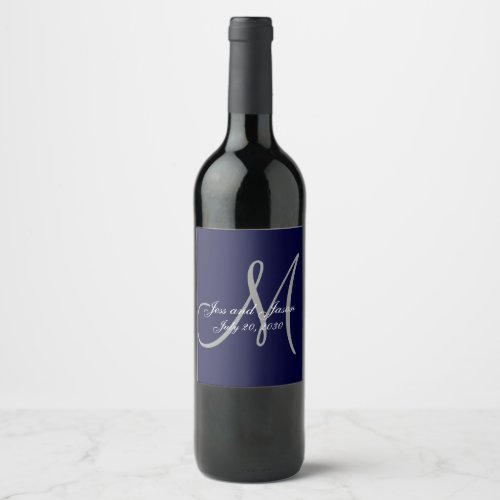 Elegant Affair Navy Blue Monogram Names Wedding Wine Label