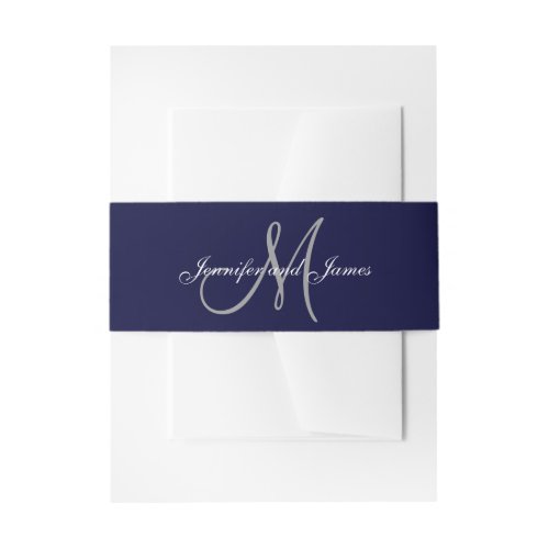 Elegant Affair Navy Blue Monogram Script Wedding Invitation Belly Band