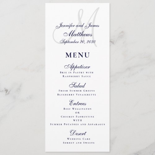 Elegant Affair Navy Blue Script Monogram Wedding Menu