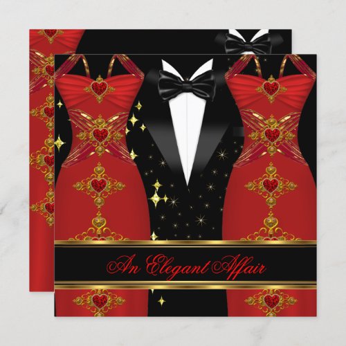 Elegant Affair Red Dress Black Tie Gold Birthday 3 Invitation