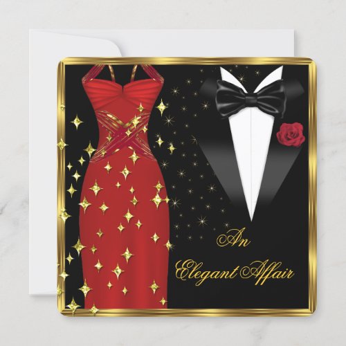 Elegant Affair Red Dress Black Tie Gold Birthday Invitation