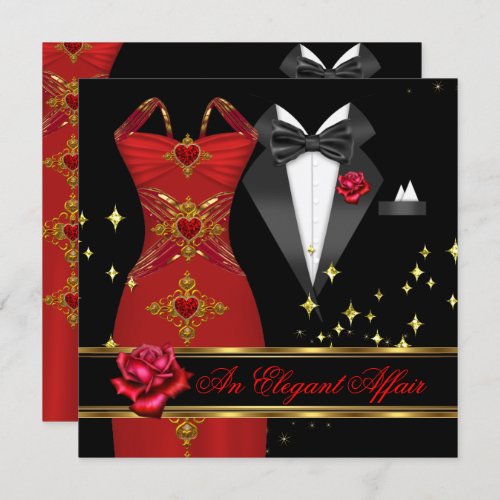 Elegant Affair Red Dress Black Tie Gold Red Rose 4 Invitation