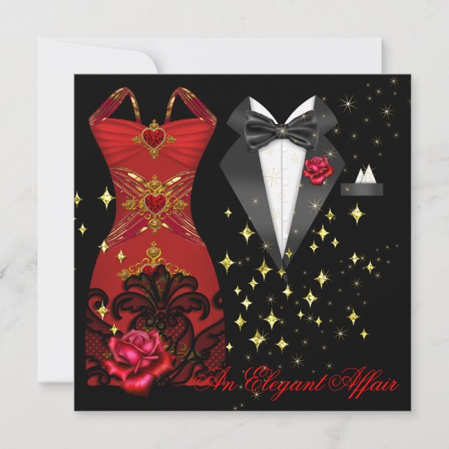 Elegant Affair Red Dress Black Tie Gold Red Rose 5 Invitation (Front)