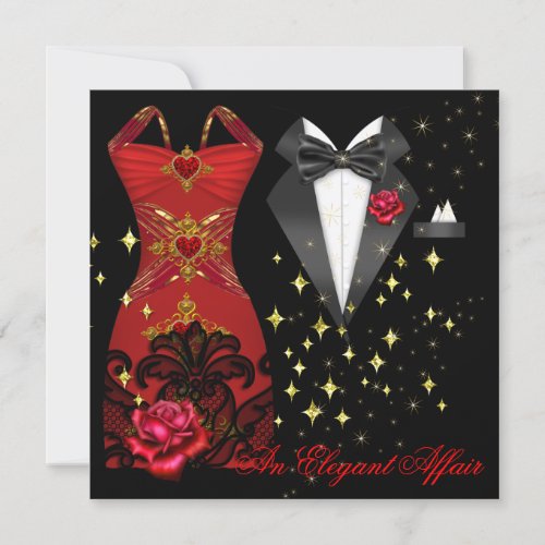 Elegant Affair Red Dress Black Tie Gold Red Rose 5 Invitation