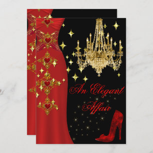 Elegant Affair Red Dress Gold Chandelier Birthday Invitation