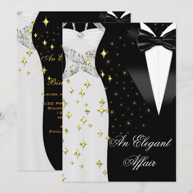 Elegant Affair White Dress Black Tie Gold Birthday Invitation (Front/Back)