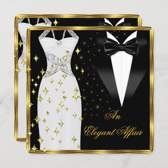 Elegant Affair White Dress Black Tie Gold Birthday Invitation (Front/Back)