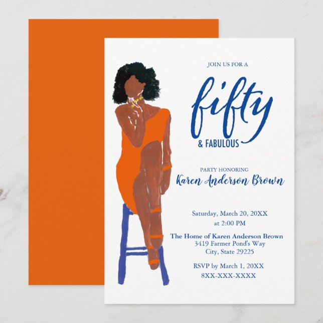 Elegant African American 50 and Fab Orange Invitation (Front/Back)