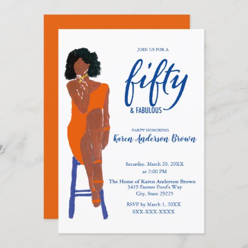 Elegant African American 50 and Fab Orange Invitation