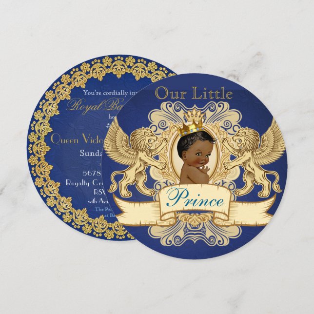 Elegant African Prince Royal Blue and Gold Invitation (Front/Back)