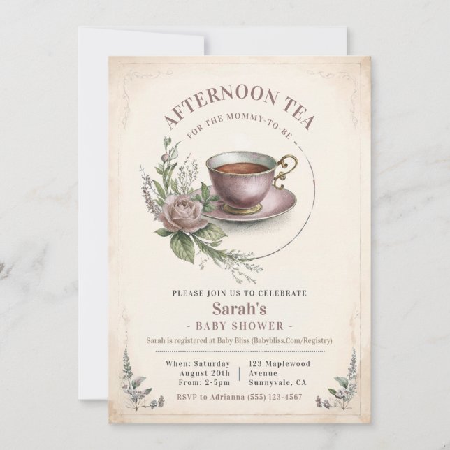 Elegant Afternoon Tea Baby Shower Invitation Girl (Front)