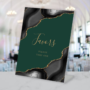 Elegant Agate Black Gold Dark Green Wedding Favors Pedestal Sign