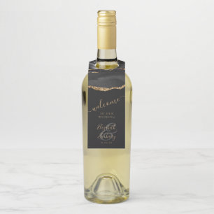Elegant Agate Black Gold Dark Wedding Welcome Bottle Hanger Tag