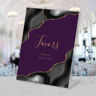 Elegant Agate Black Gold Purple Wedding Favors Pedestal Sign