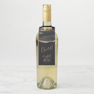 Elegant Agate Black Rose Gold Dark Wedding Cheers Bottle Hanger Tag
