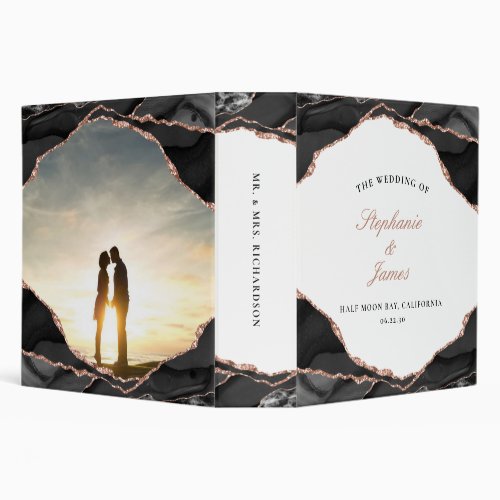 Elegant Agate Black Rose Gold Foil Wedding Album 3 Ring Binder