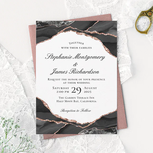 Elegant Agate Black White Rose Gold Foil Wedding Invitation | Zazzle