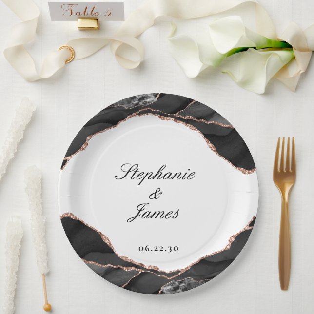 Elegant Agate Black White Rose Gold Foil Wedding Paper Plates (Wedding)