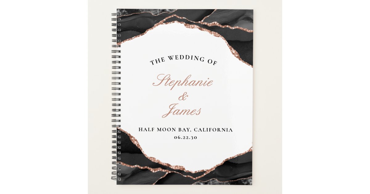 Elegant Agate Black White Rose Gold Foil Wedding Planner | Zazzle