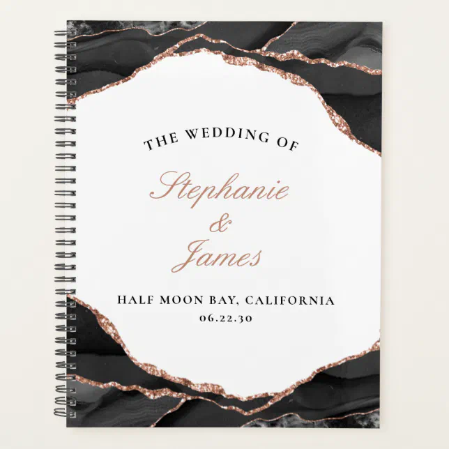 Elegant Agate Black White Rose Gold Foil Wedding Planner | Zazzle
