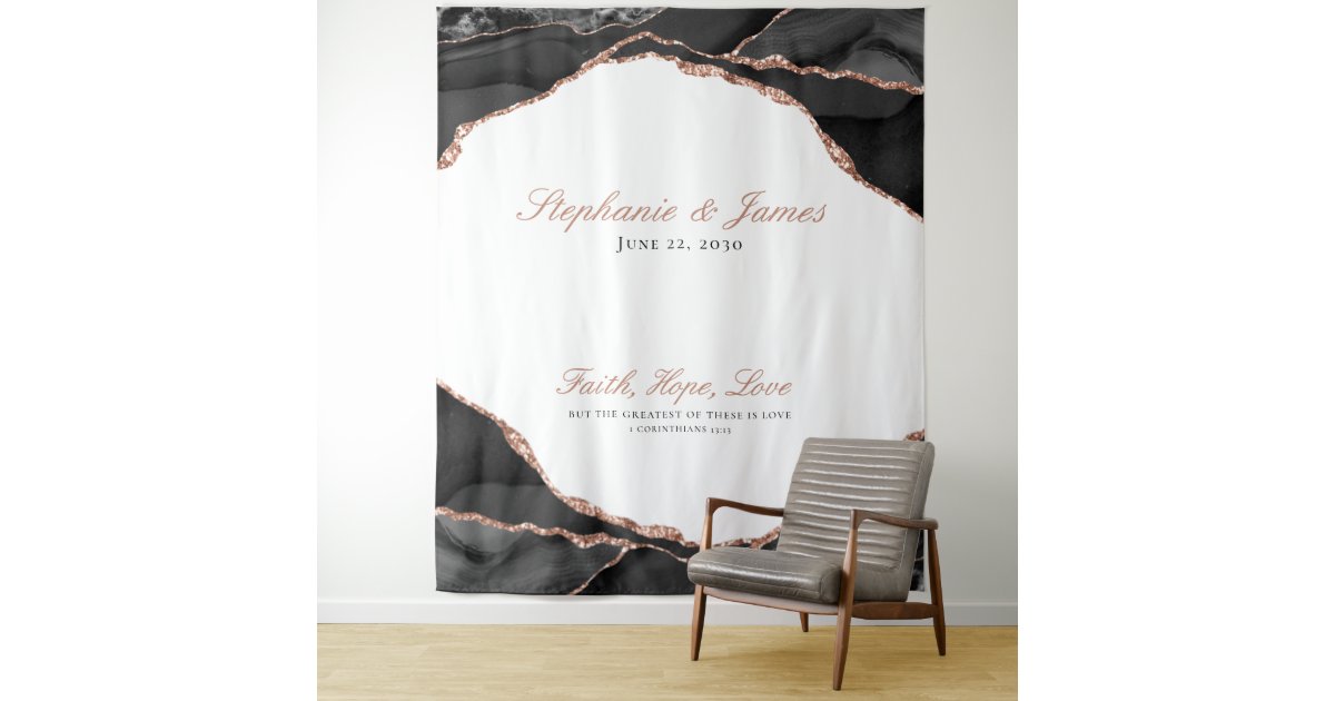 Elegant Agate Black White Rose Gold Foil Wedding Tapestry | Zazzle