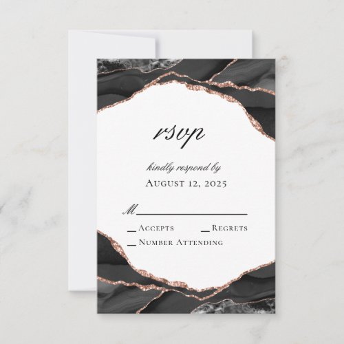Elegant Agate Black White Rose Gold Wedding RSVP Card
