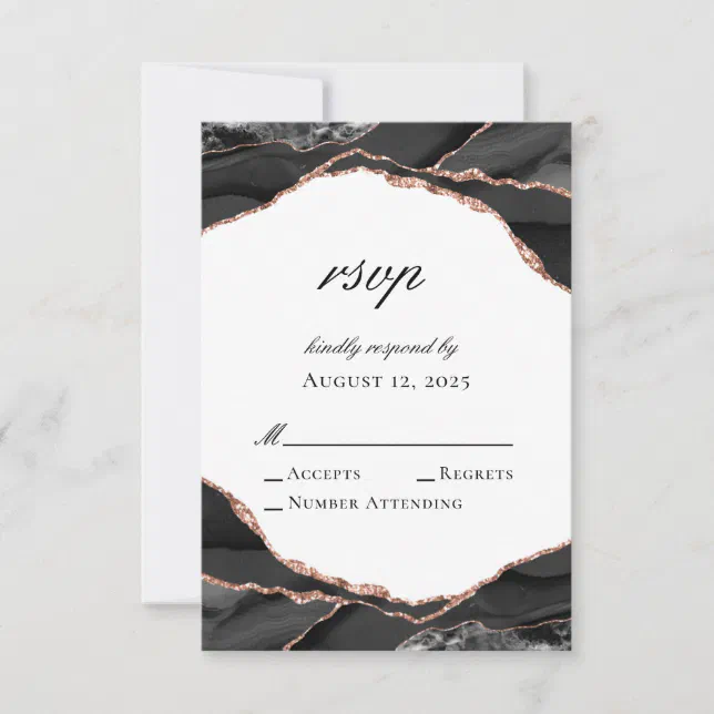 Elegant Agate Black White Rose Gold Wedding RSVP Card Zazzle