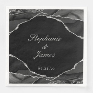 Elegant Agate Black White Silver Foil Wedding Paper Dinner Napkins