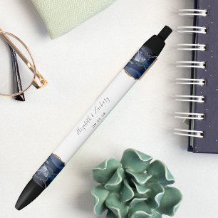 Elegant Agate Blue Gold Wedding Keepsake Pen