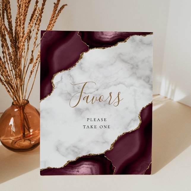 Elegant Agate Burgundy Gold Marble Wedding Favors Pedestal Sign (Creator Uploaded)