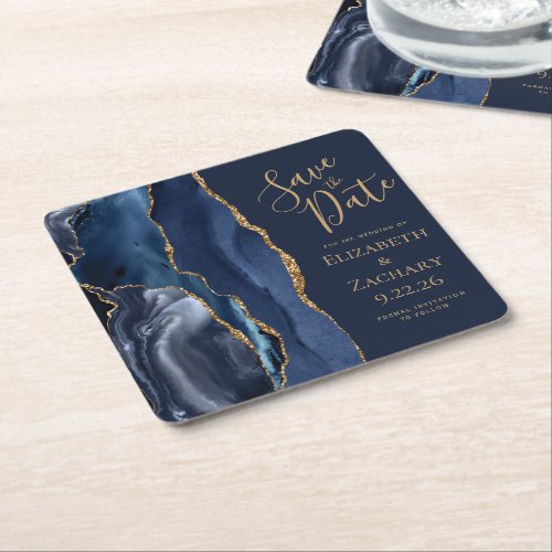 Elegant Agate Geode Navy Blue Gold Save the Date Square Paper Coaster