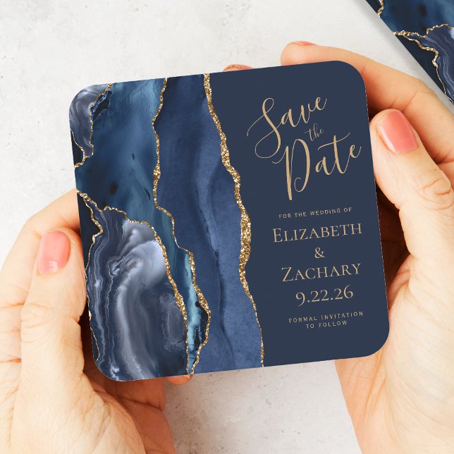 Elegant Agate Geode Navy Blue Gold Save the Date Square Paper Coaster (Creator Uploaded)