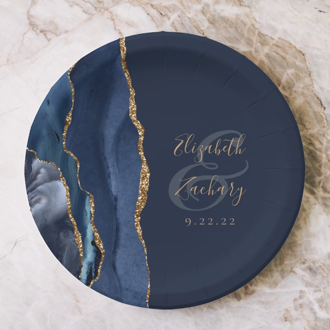 Elegant Agate Geode Script Navy Blue Gold Paper Plates (Creator Uploaded)