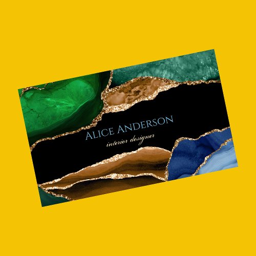 Elegant Agate Gold Blue Green Designer Business Card
