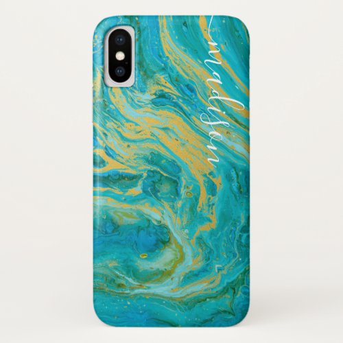 Elegant Agate Green Blue  Gold Marble Your Name iPhone X Case