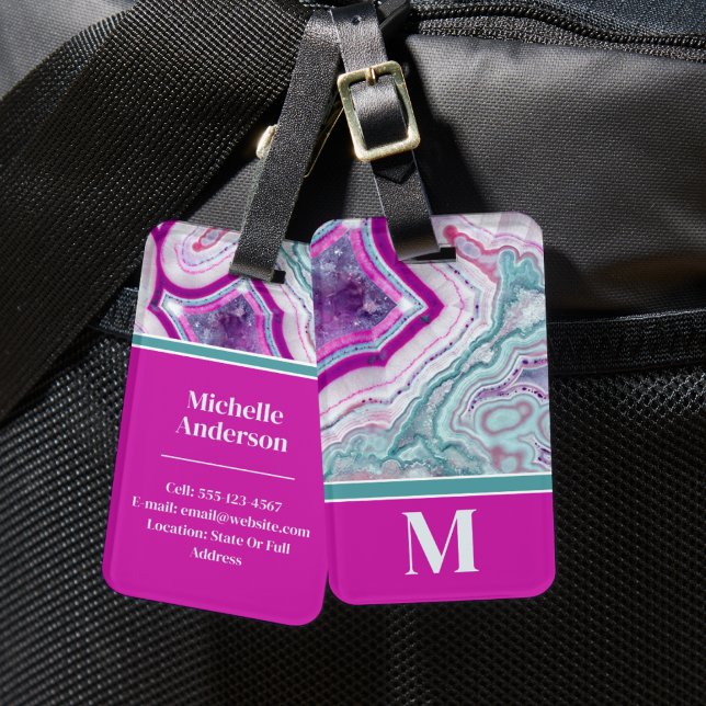 Elegant Agate Initial Monogram Luggage Tag (Elegant Turquoise Magenta Stone Initial Monogram Luggage Tag)