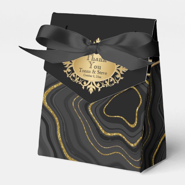 Elegant Agate Marble with  Black and Gold Favor Boxes (Front Side)