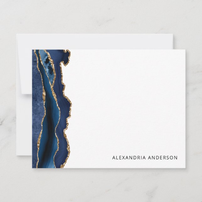 Elegant Agate Navy Blue Gold Glitter Marble Geode Note Card (Front)