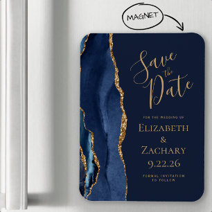 Elegant Agate Navy Blue Gold Save the Date Magnet