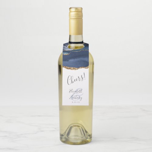 Elegant Agate Navy Blue Gold Wedding Cheers Bottle Hanger Tag