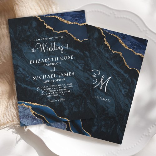Elegant Agate Navy Blue Monogram Wedding Invitation